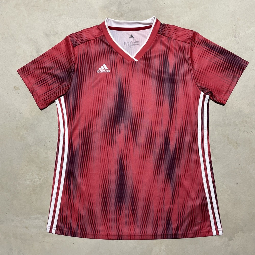 Adidas Men's SZ L Climalite Soccer Jersey Red Black Gradient Dot V-Neck Shirt